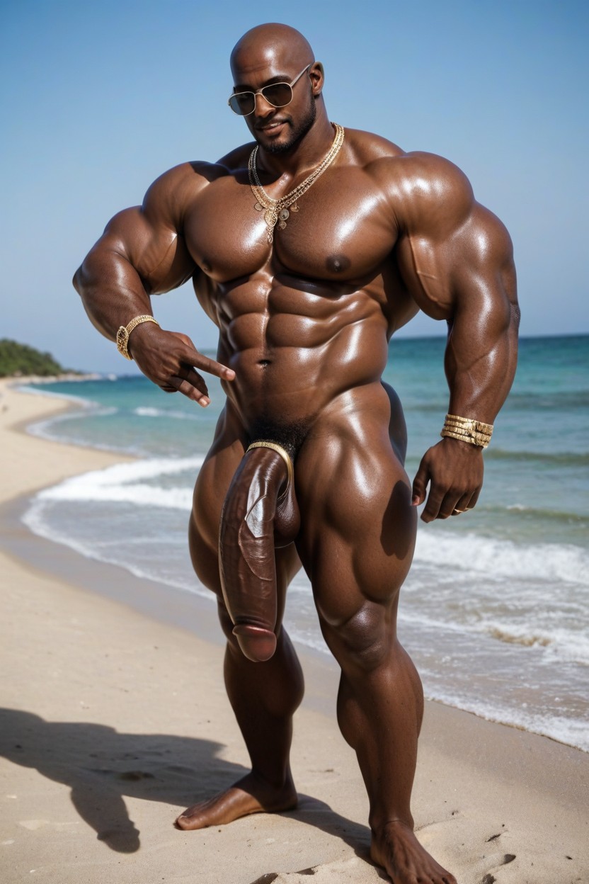 Ultra Deep Dark Skin Tone, 1 Personne, Pointing At His Penis Porno IA Gay