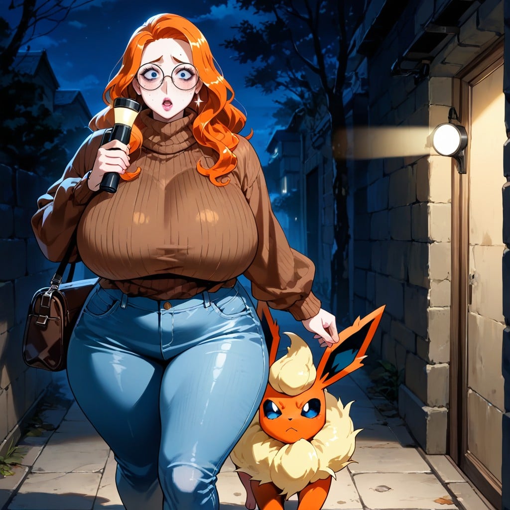 Woman Holds Flashlight Infront Of Her, Motherly Appearance, Woman Has Enormous Tits 게이 AI 포르노