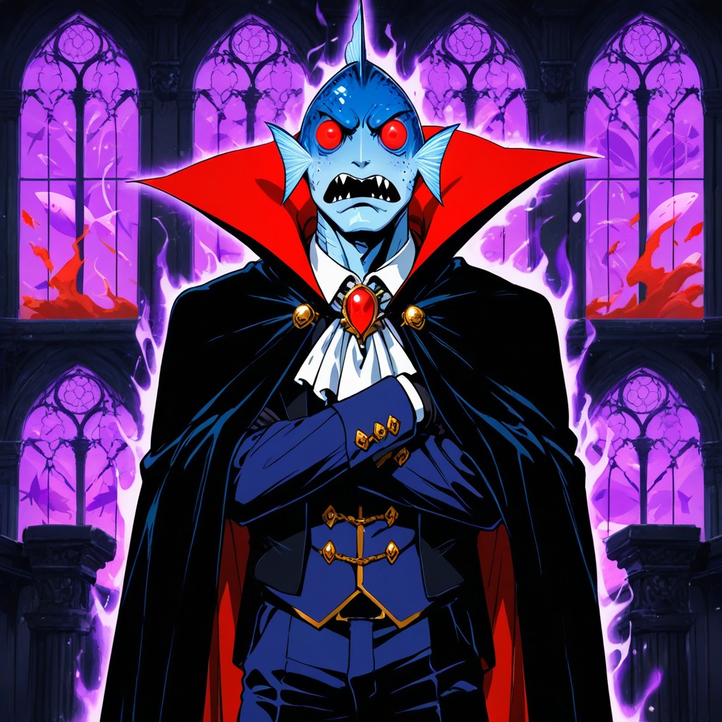 Royal Black Cape With Red Lining, Giant Stone Pillars, Huge Gothic Windows With Moonlight Porno IA Gay