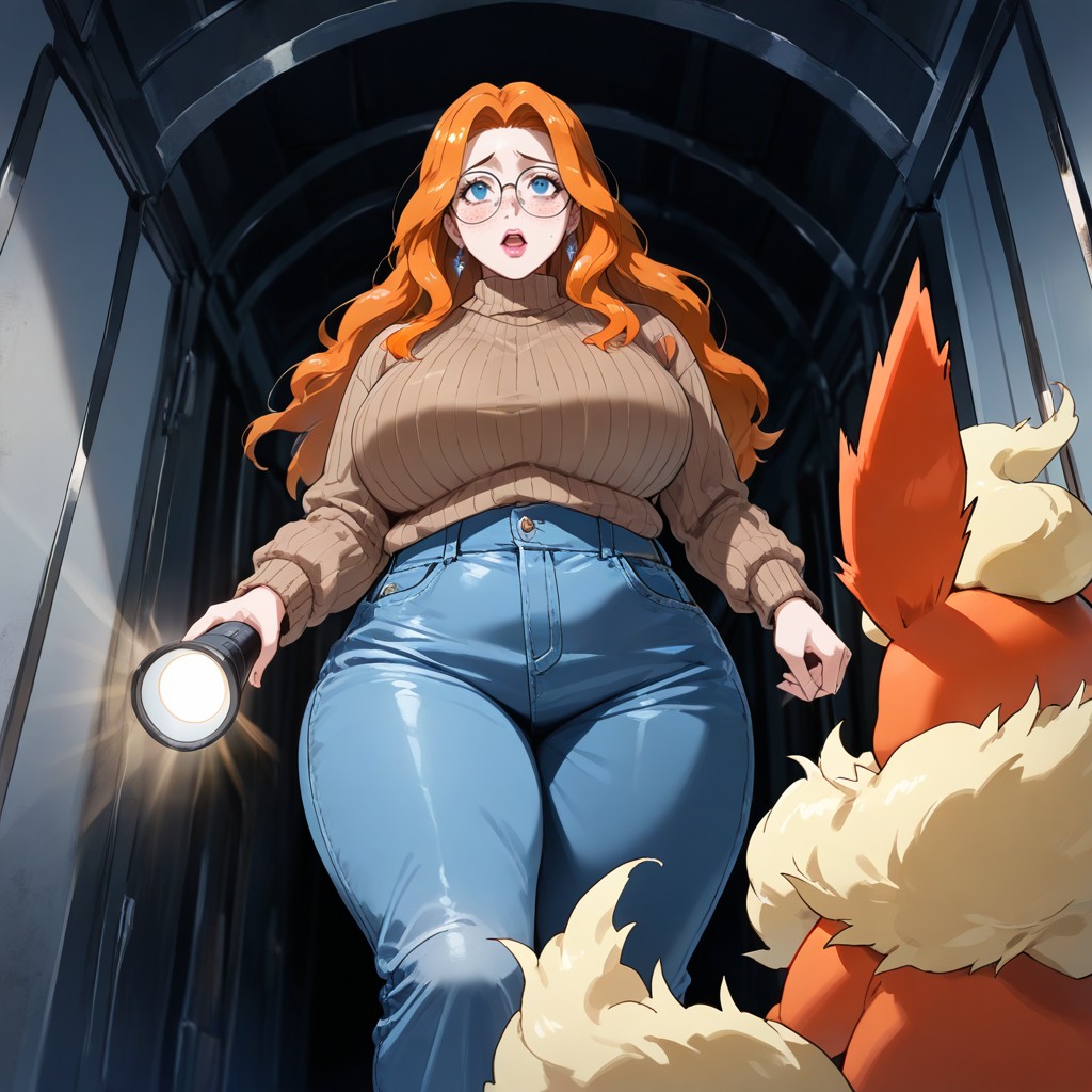 Brown Sweater, Slightly Parted Lips, Long Corridor With Low Seiling 게이 AI 포르노