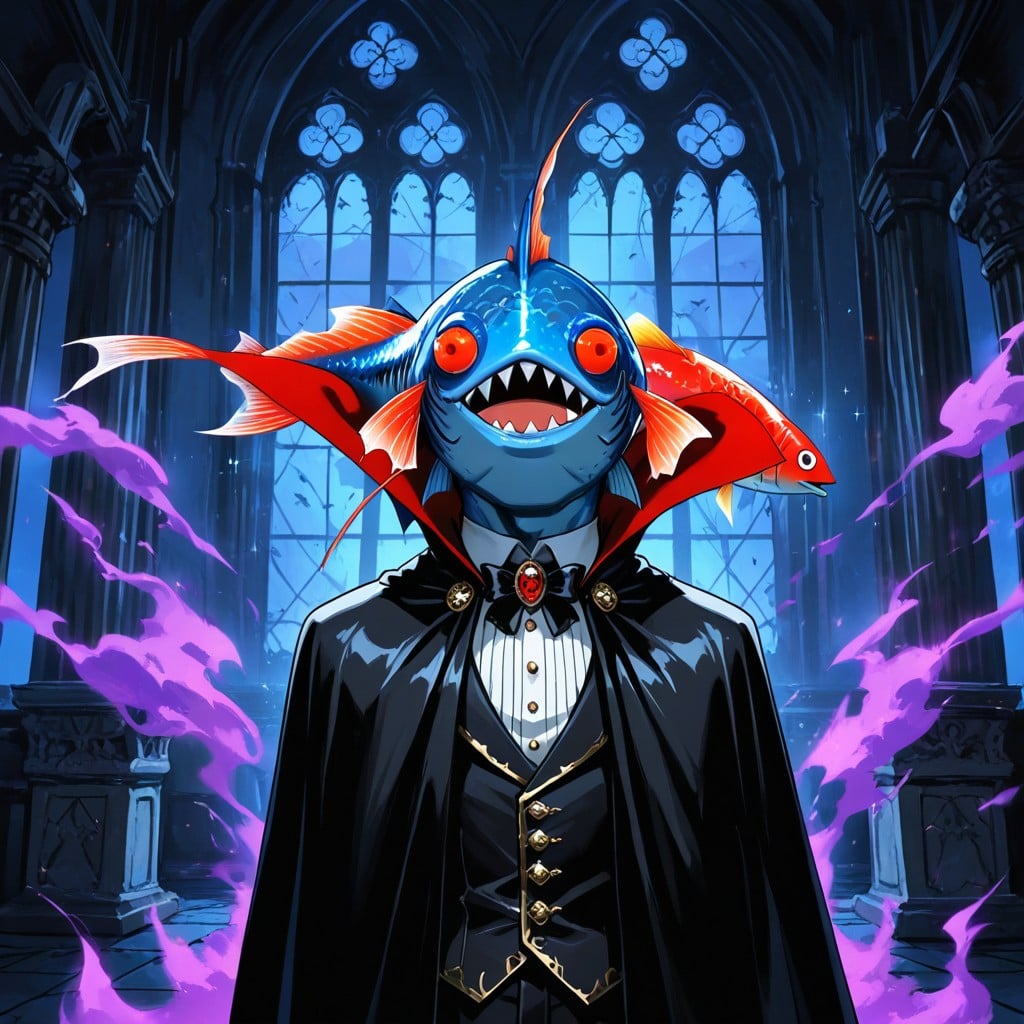 He Is A Anthrofish, Bulging Round Fish Eyes, Royal Black Cape With Red Lining 게이 AI 포르노