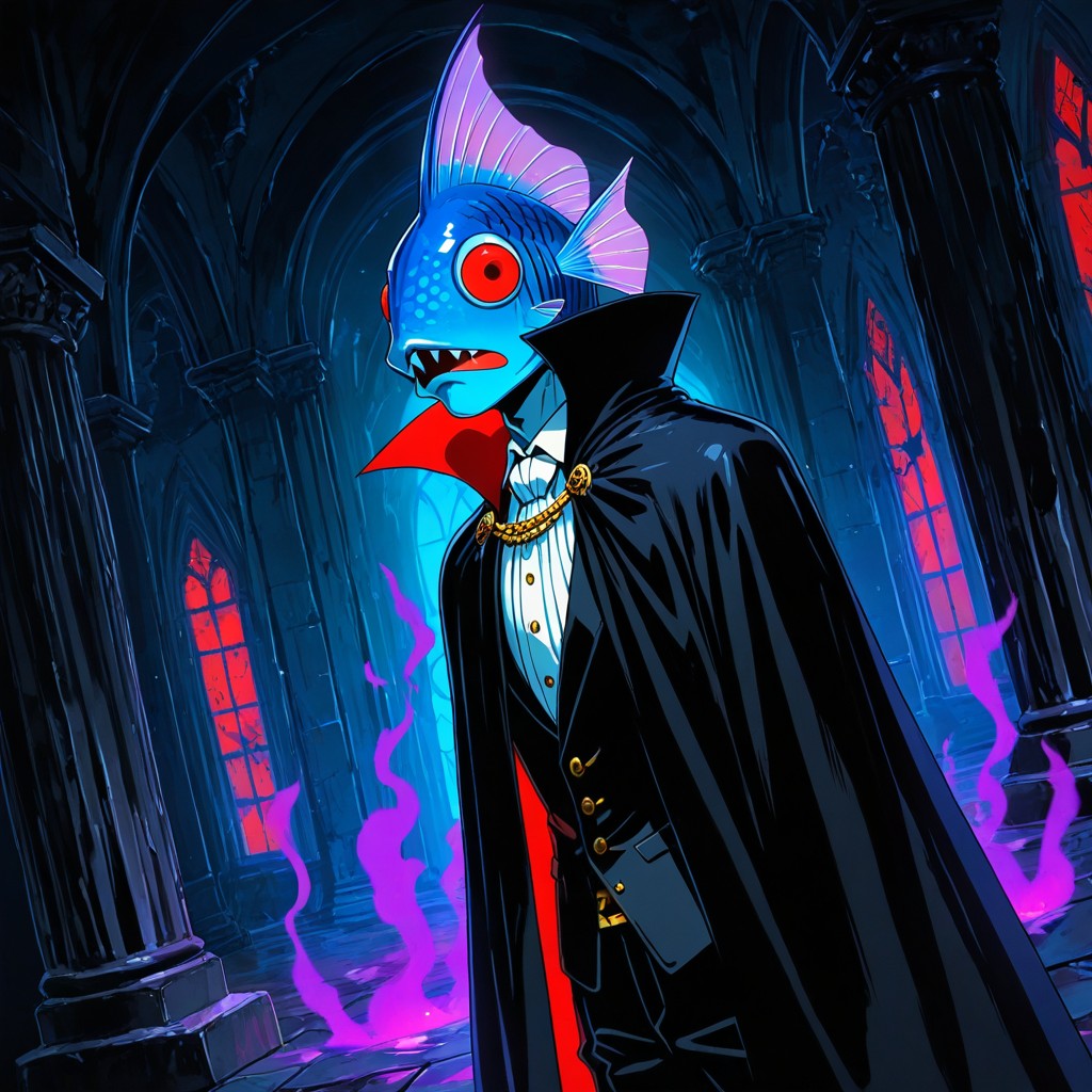 Mouth Slightly Open Like A Real Fish, Serious Gothic Aura Colliding With Dumb Fish Face, Elegant Noble Posture 게이 AI 포르노