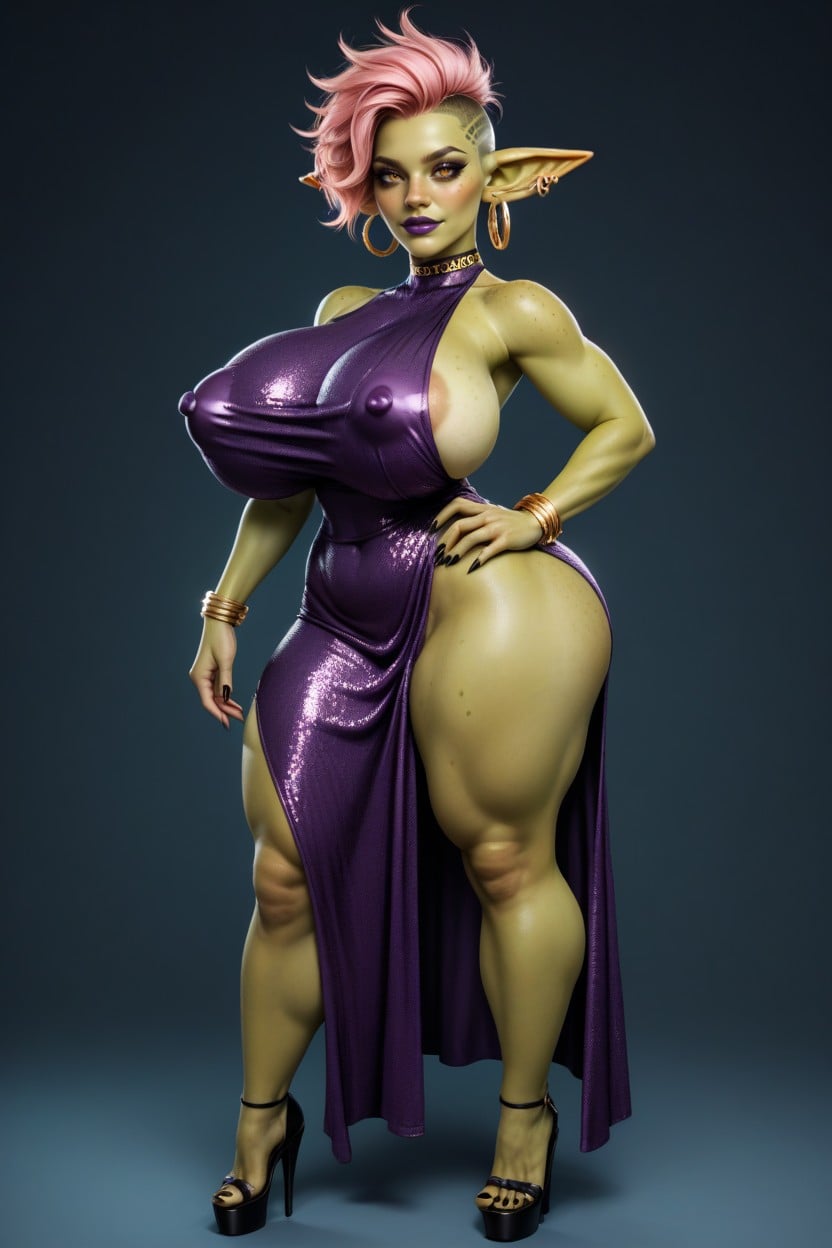 Hair With Shaved Sides, Black Sharp Fingernails, Thick Freckles Under Eyes And Across Nose Hentai AI Porn
