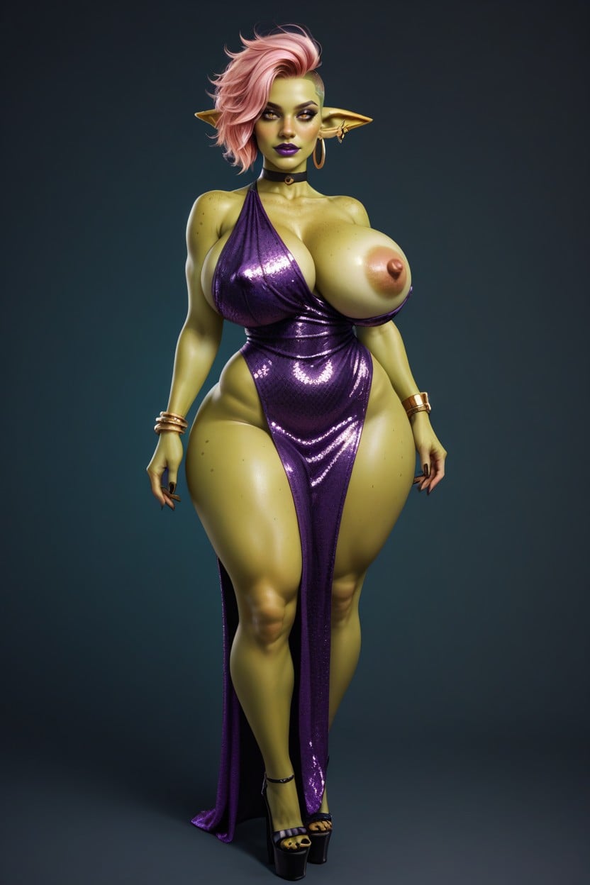 Dark Green Body Freckles, Pert Nose, Cleavage Hentai AI Porn