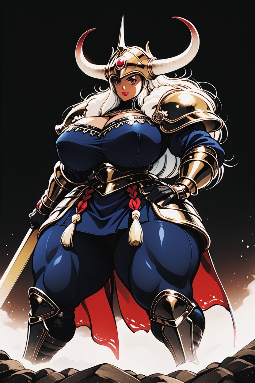 And Visible Rivets A Large Horned Helmet With Curved Ram-like Horns Fully Conceals Her Face, Female_chaos_warrpor, Thick Layered Plates AI Porn