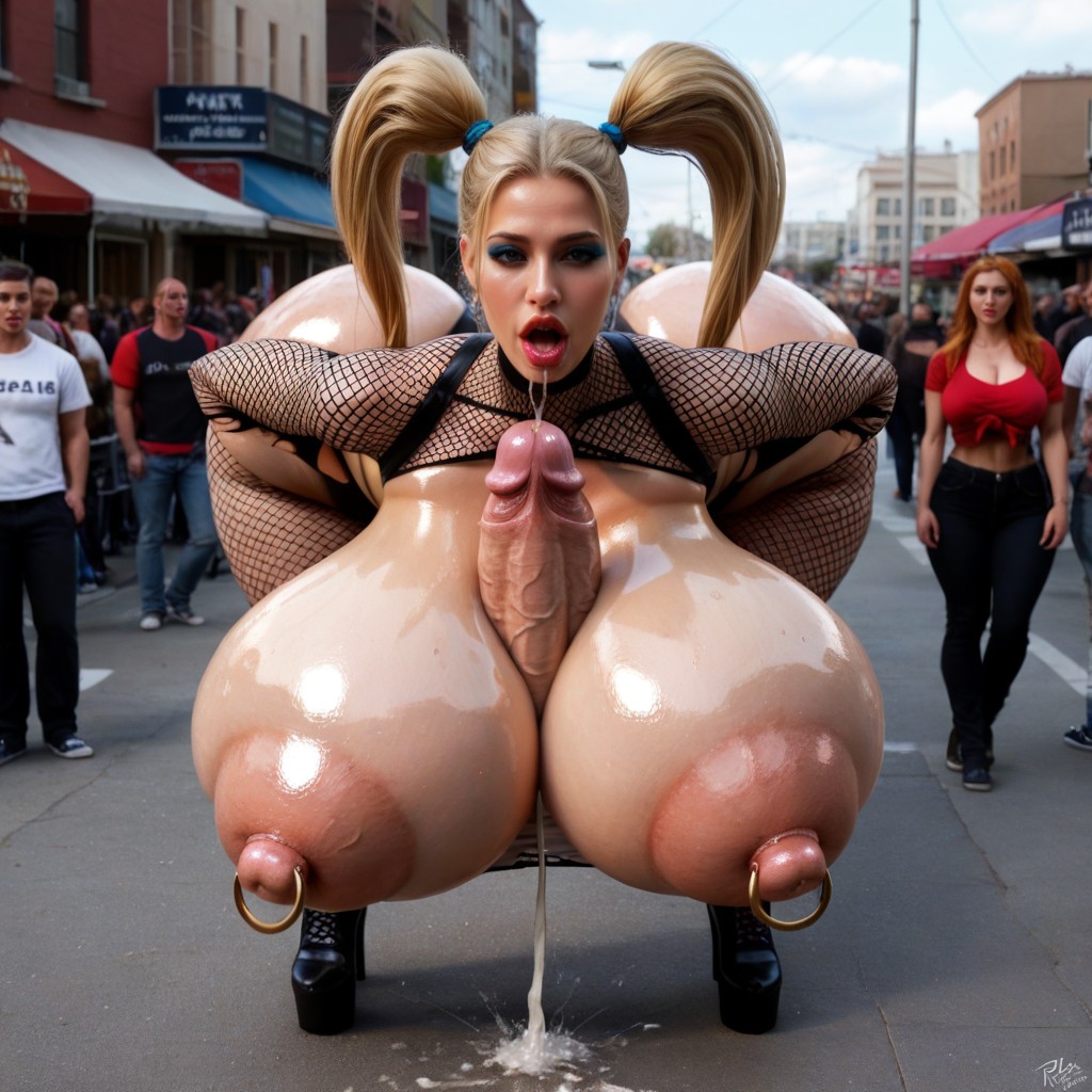 Torn Fishnet Bodysuit, Impossibly Long Penis, Street Porno IA transsexuelle