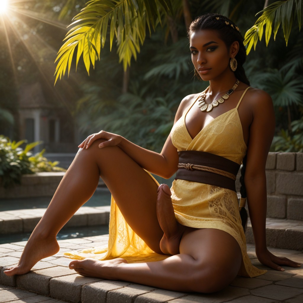 Sunny, Yellow Lace Dress With A Deep Slit, Disproportionately Long Hairstyle Shemale AI Porn