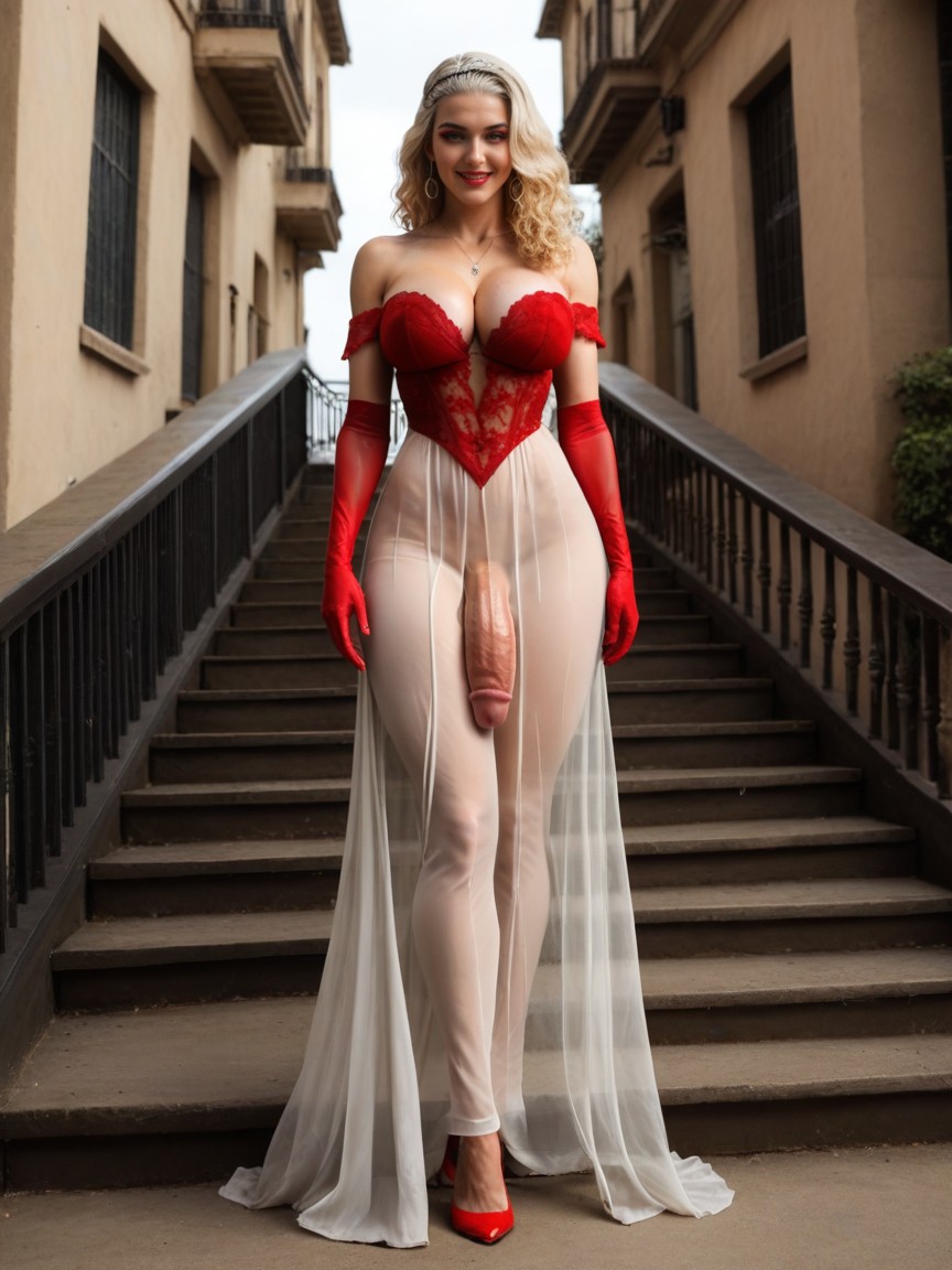 Walking Down Stairs Model Pose, Red Transparent Off Shoulder Mermaid Dress, Cleavage Breasts Shemale AI Porn