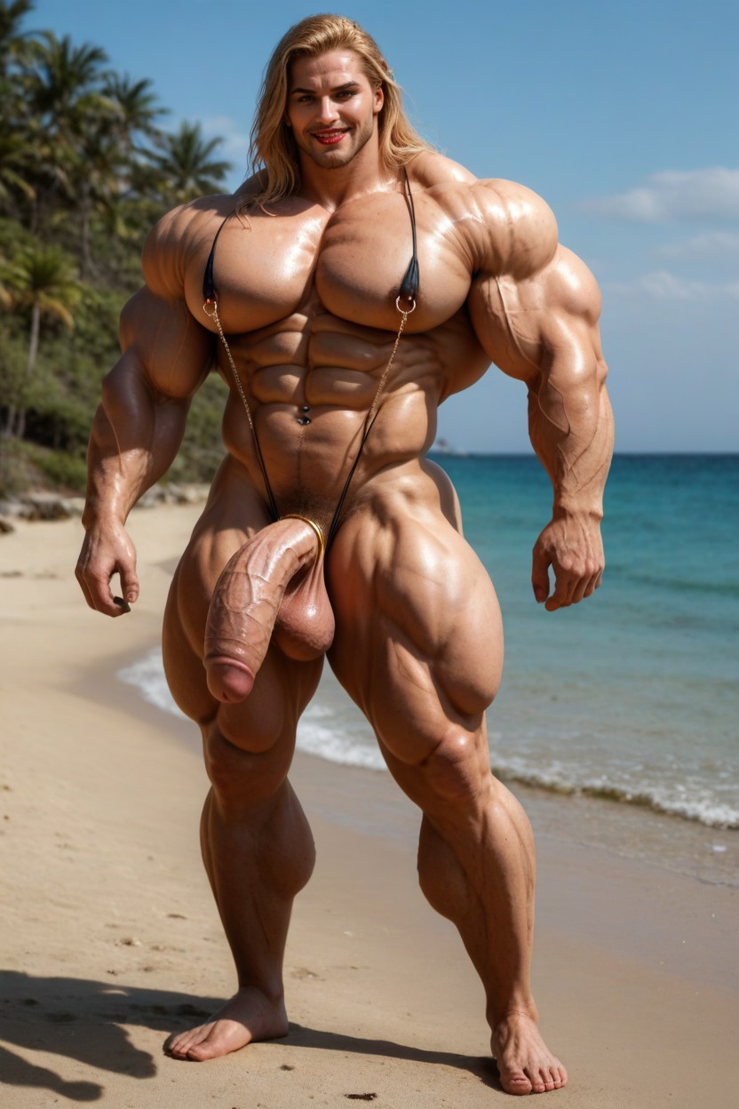 Extremely Muscular, Hair Cover Eyes, Wearing Condom Shemale AI Porn