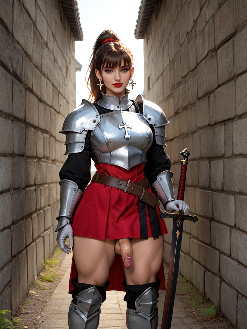 Looking At Viewer, Steel Glovesred Skirtsteel Belttight Clothesblack Pantyhosecover Breastperfect Face, Steel Boots Shemale AI Porn