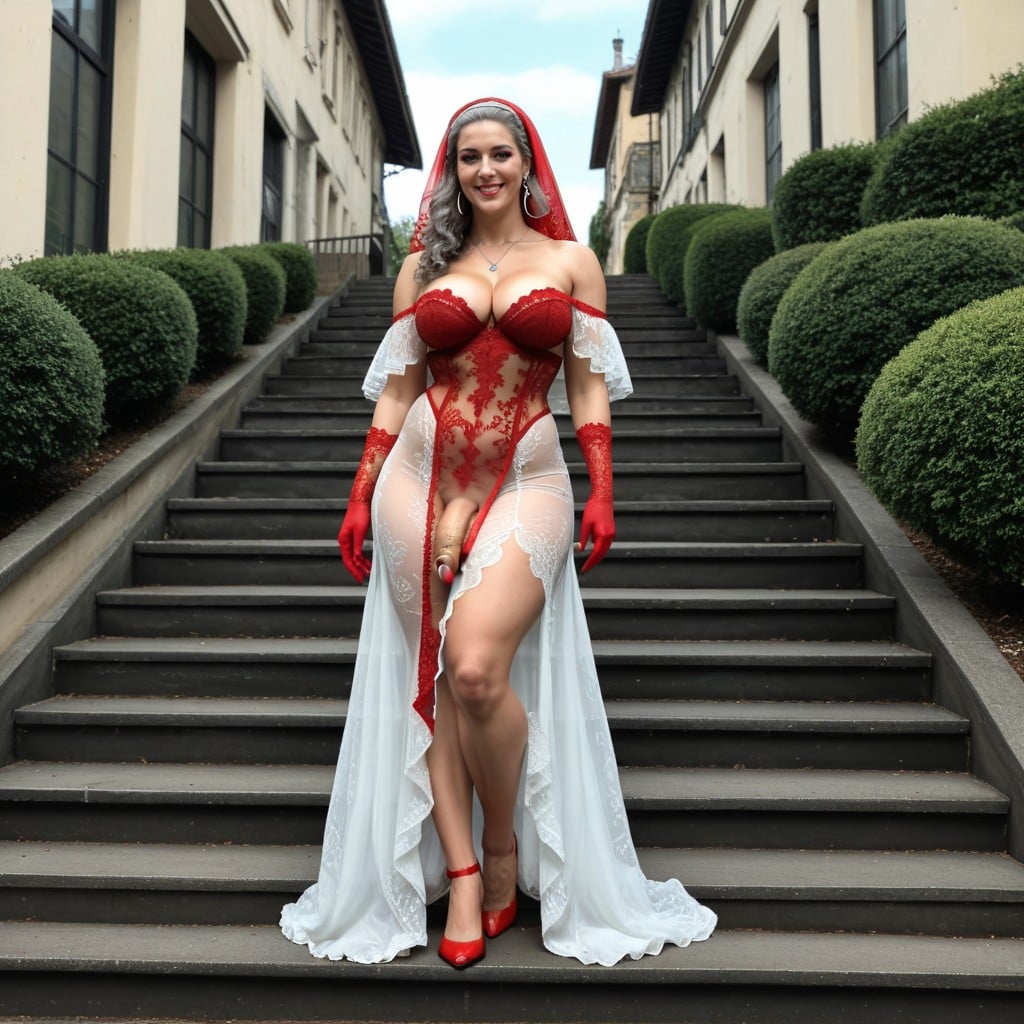 Red Lace Long Gloves, Transparent Penis Bulge, Wide Angle View Shemale AI Porn