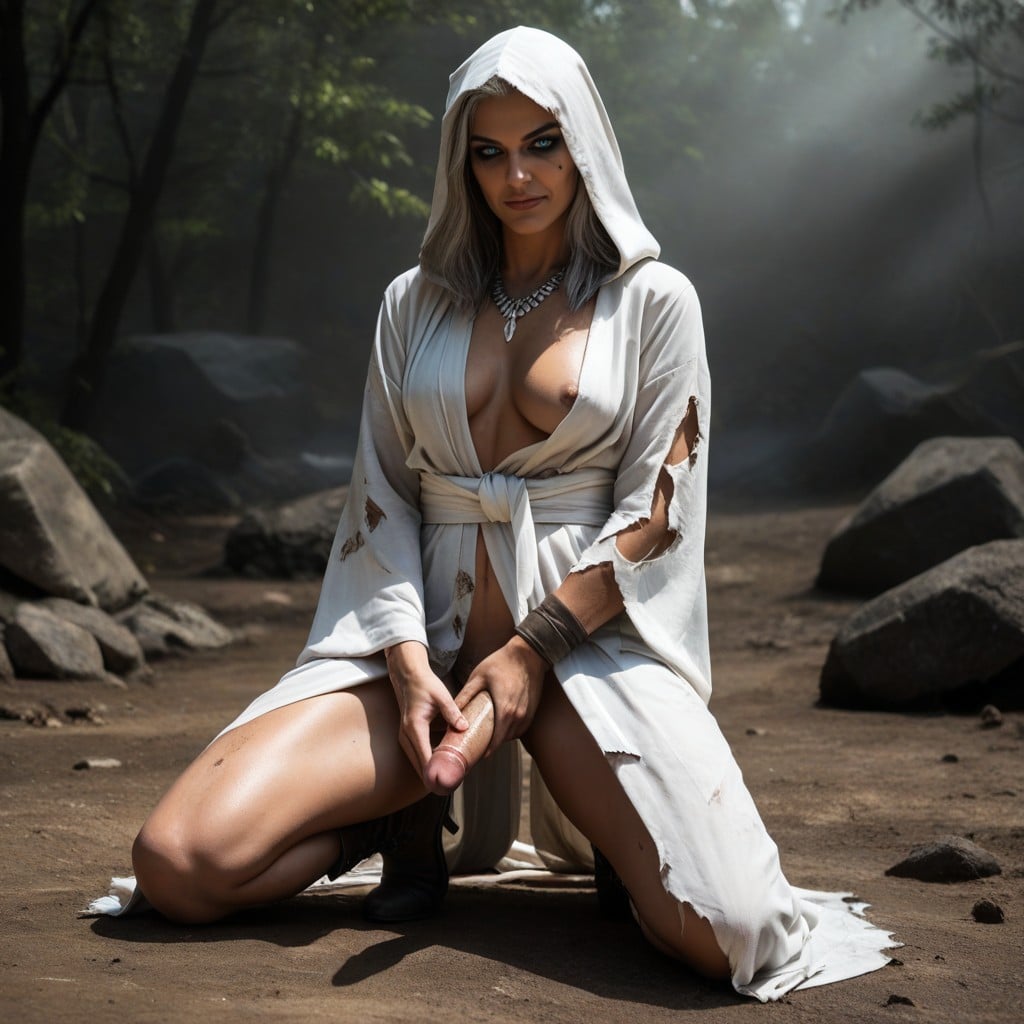 Looking At Viewer, Discolored, Multilayered Torn Ash-white Robes With A Deep Slit Shemale AI Porn
