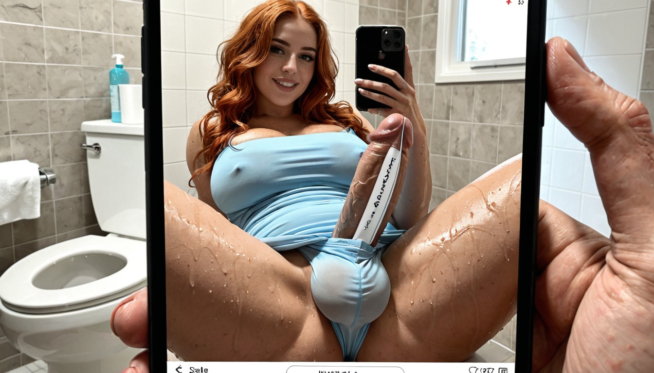 On Phone Screen There Is A Futa With A Massive Cock Bulge, Huge Transparent Bulge, Freckles Shemale AI Porn