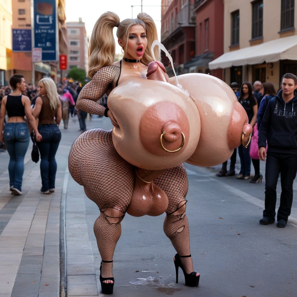 Hyper Bimbo Futanari, Huge Crowd Around, Self Titfuck Shemale AI Porn