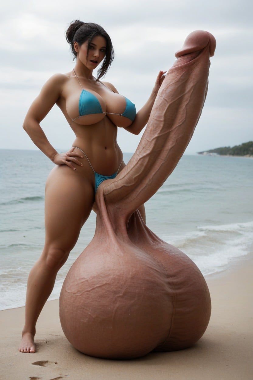 Balls Are Big Enough To Touch The Floor, Beach, Hair Over One Eye Shemale AI Porn