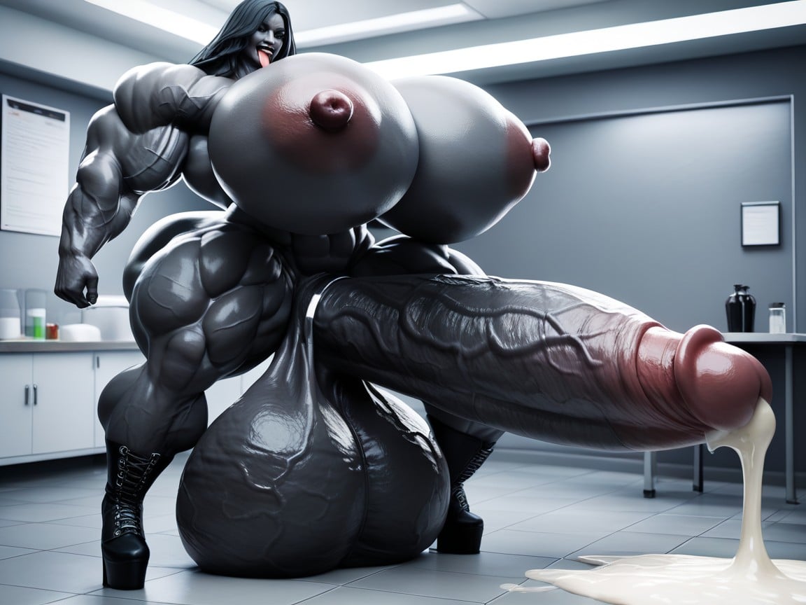 Impossibly Long Hyper Penis, Tongue Out, Hyper Large Muscles Shemale AI Porn