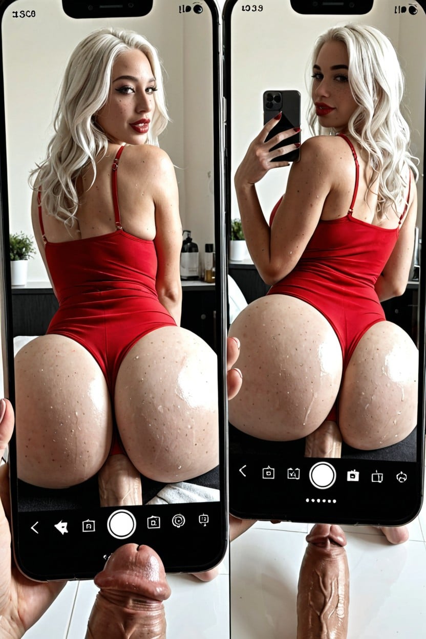Completely Soaking Wet Face And Hair, Freckles, Phone Sceen On Right Showing Juxtaposing Futa Dating Profile Shemale AI Porn