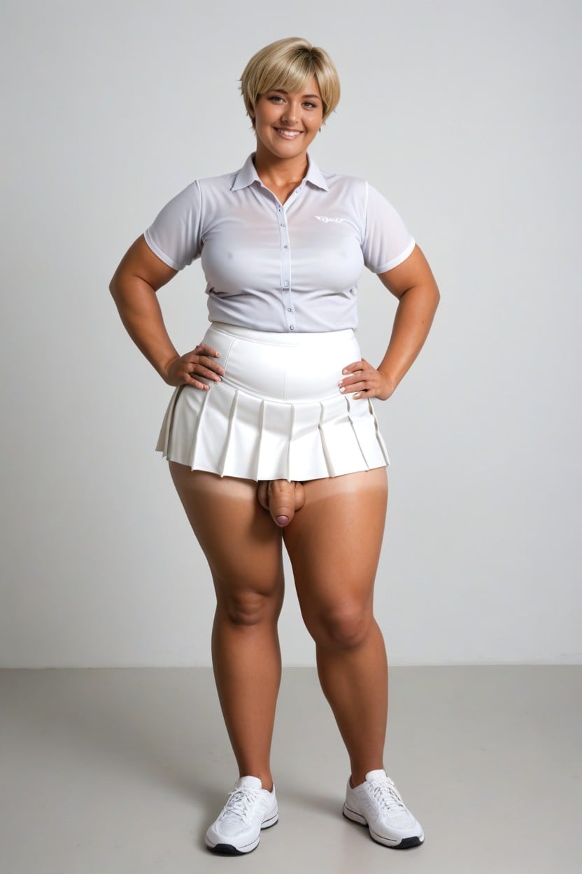 Collared White T-shirt, White Pleated Skirt, Thick Thighs Shemale AI Porn