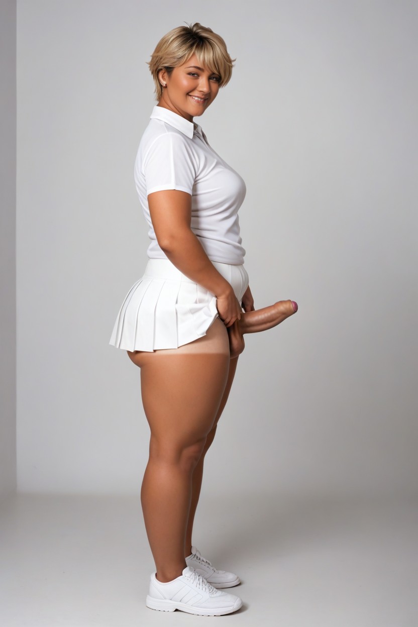 All White Outfits, Collared White T-shirt, Tomboy Pixie Hair Shemale AI Porn