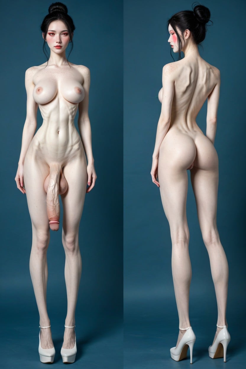 Black Hair, Unnaturally Waiflike Waist, Poitrine Moyenne Porno IA transsexuelle
