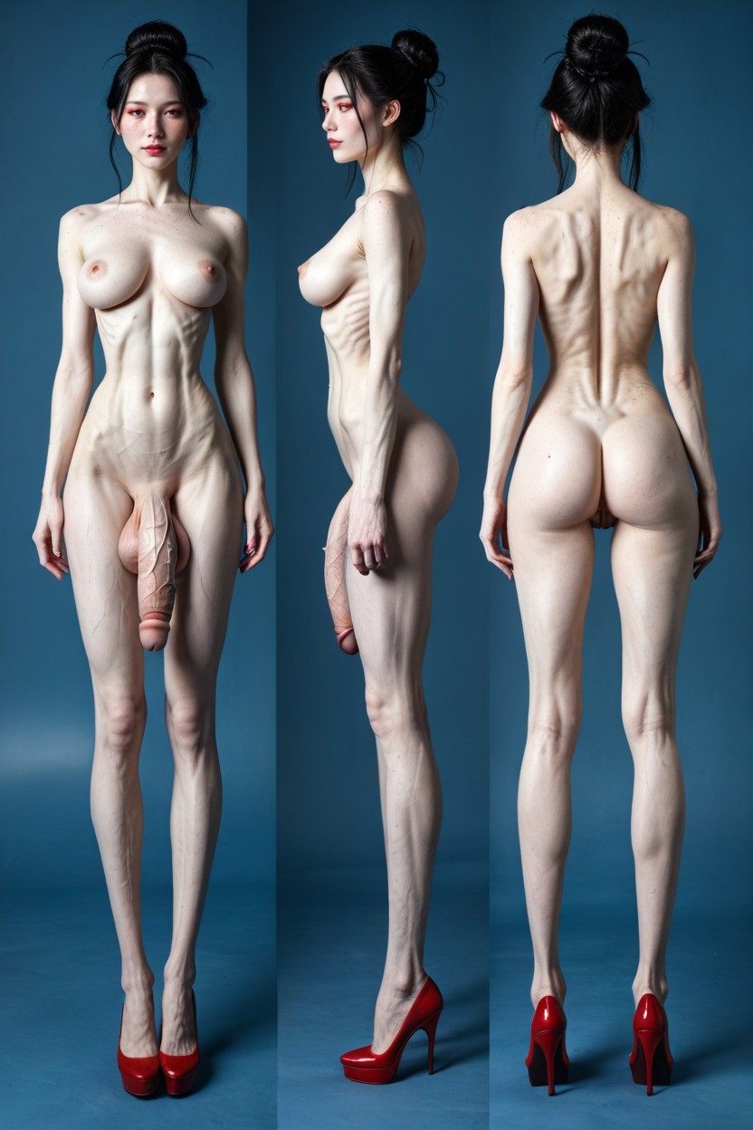 Albino Skin Tone, Ribs Visible, Tight Attenuated Waist Shemale AI Porn