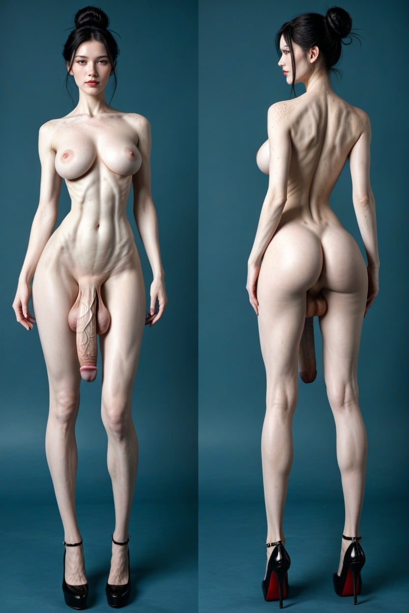 Visible Sixpack, Extremely Thick Penis, Show Balls Behind Shemale AI Porn