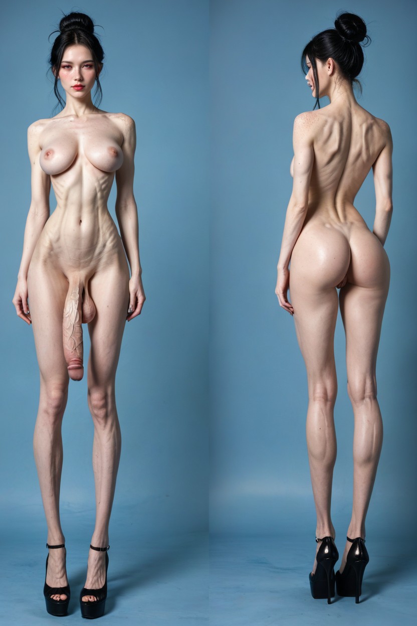 Full Body View, Hyper Sucked In Stomach, Freckles Shemale AI Porn