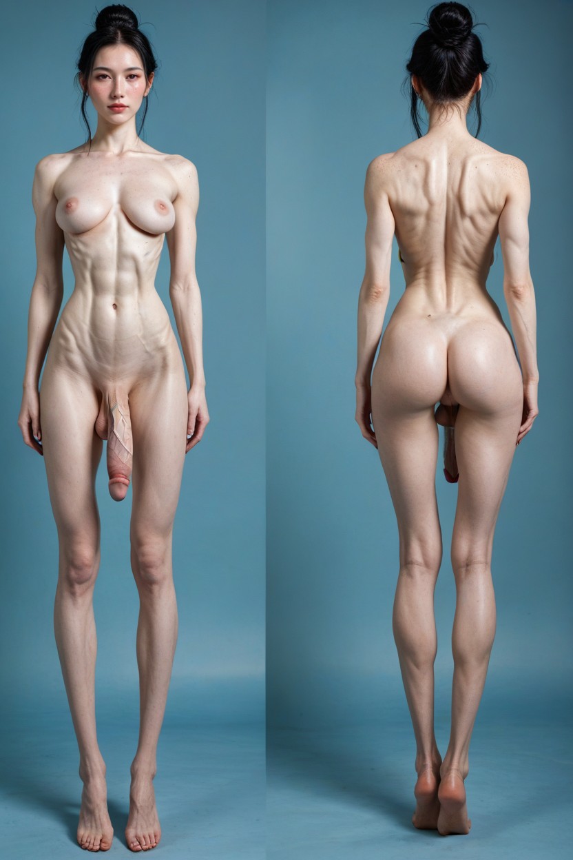 Impossible Waist, Hair Bun, Show Saggy Balls Behind Shemale AI Porn