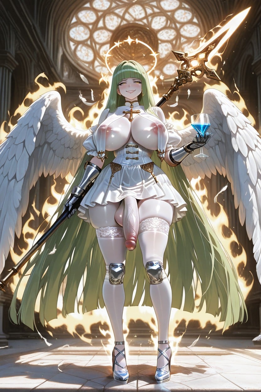 Nipple Piercing With Cross Shaped Ornament, White Lace Top Thigh Highs, Front Open Skirt Shemale AI Porn