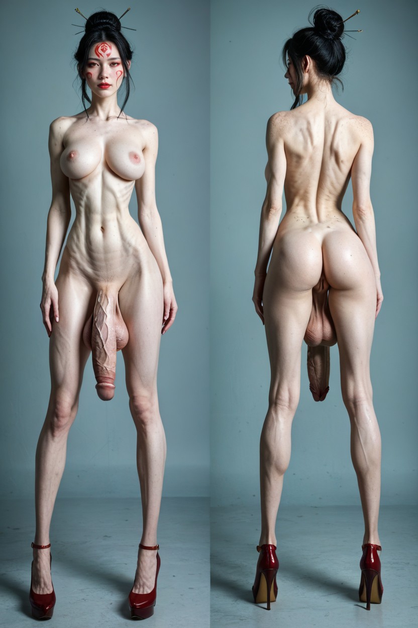 Extremely Thick Penis, Unnaturally Waiflike Waist, Hyper Sucked In Stomach Shemale AI Porn