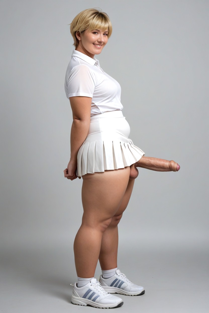 Look At Viewer, Gigantic Penis, Collared White T-shirt Shemale AI Porn