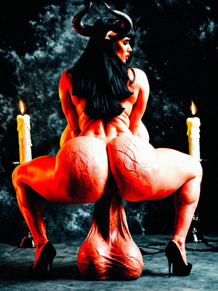 Fiery Candle Lit Hell Background, 18+, Focus Is On Her Balls Shemale AI Porn