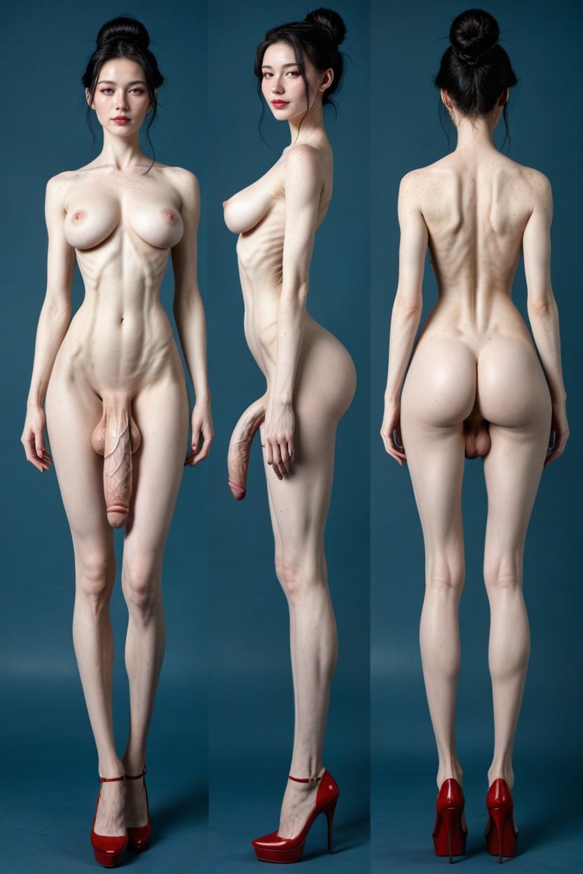 Extremely Thick Penis, Extremely Long Legs, Show Balls Behind Shemale AI Porn