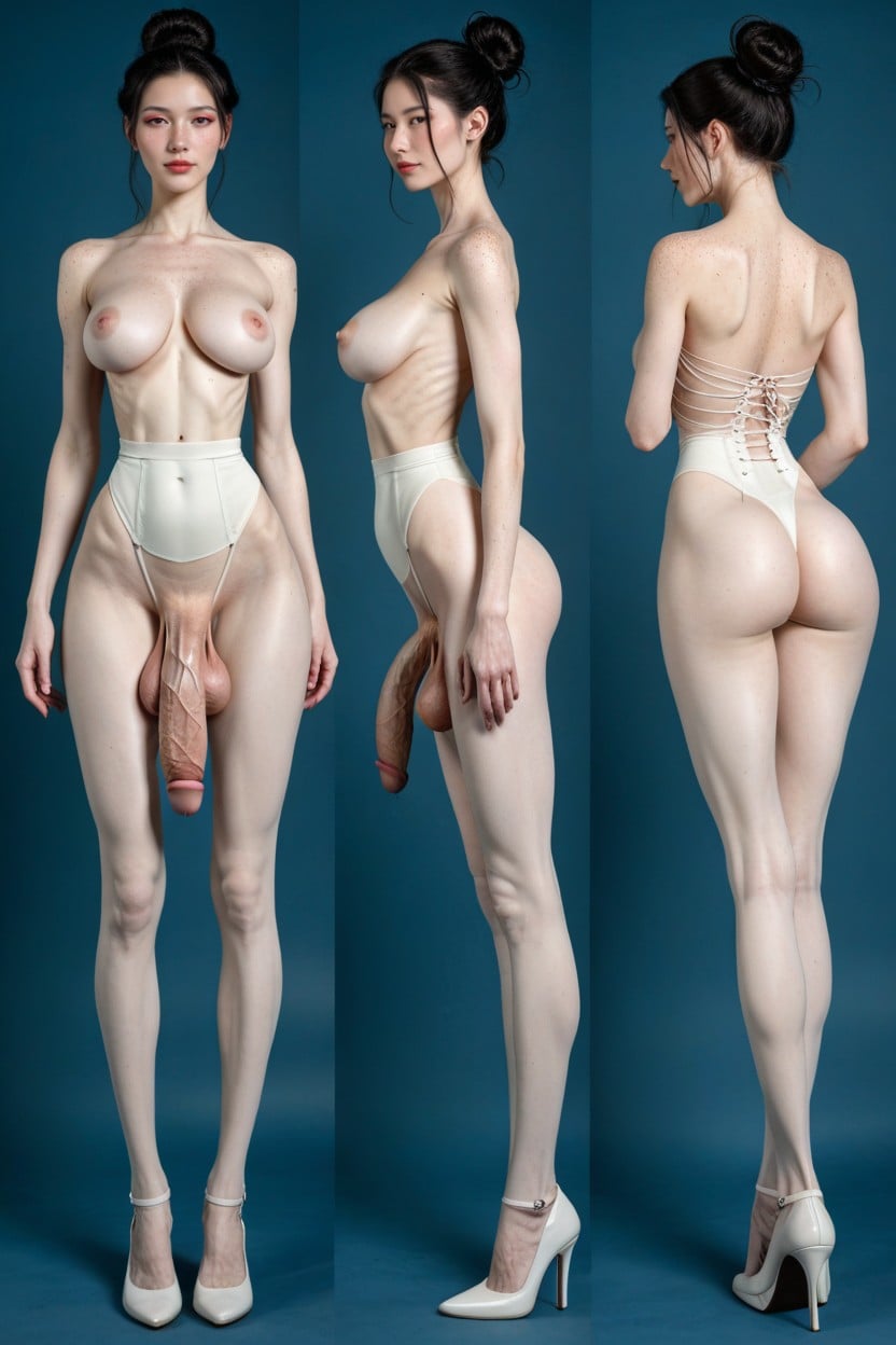 Unnaturally Waiflike Waist, Huge Flaccid Cock, Sharp Erector Spinae Shemale AI Porn