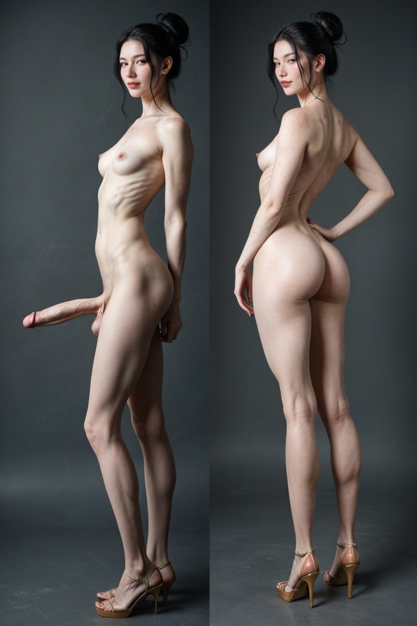 Impossible Waist, Visible Sixpack, Black Hair Shemale AI Porn