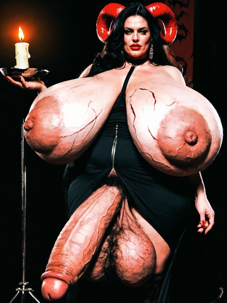 Fiery Candle Lit Hell Background, Long Wide Stretchy Scrotum, Pursed Lips Shemale AI Porn