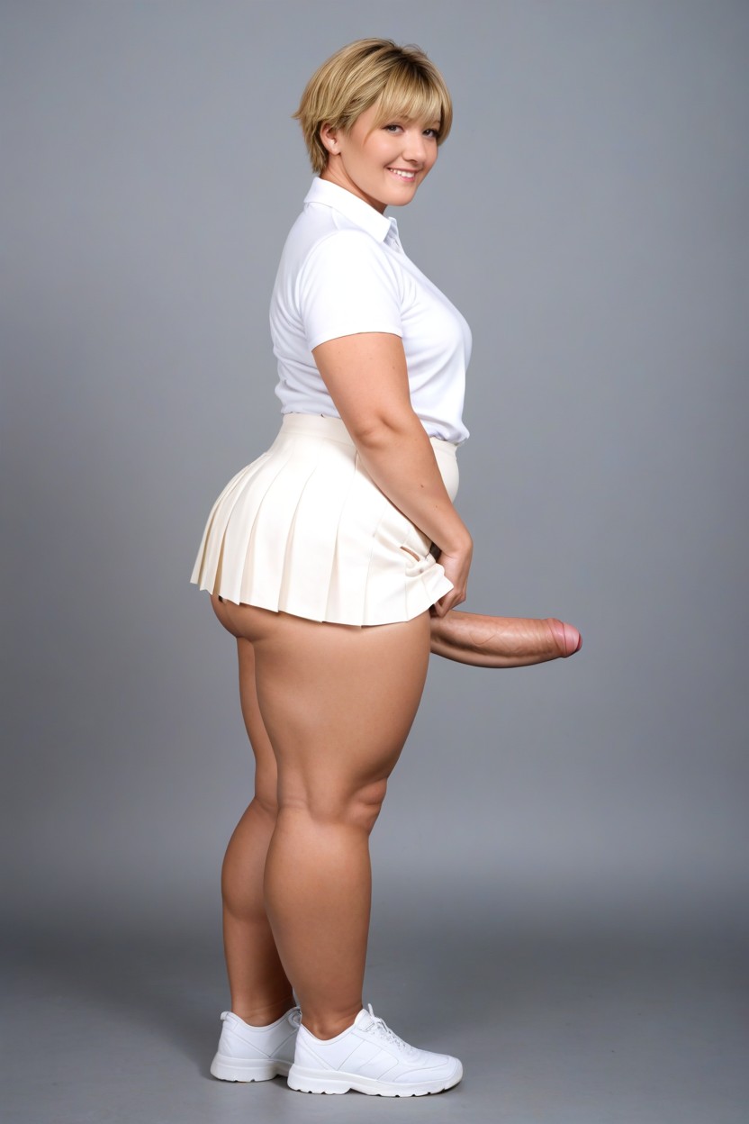 Hands Lifting Microskirt, Chubby, Plain White Background Shemale AI Porn