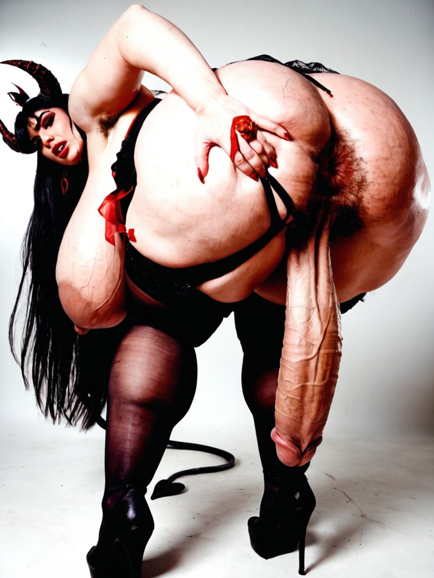 Black Hair, Royal Beautiful Face, Flaccid Hyper Gigantic Penis Shemale AI Porn