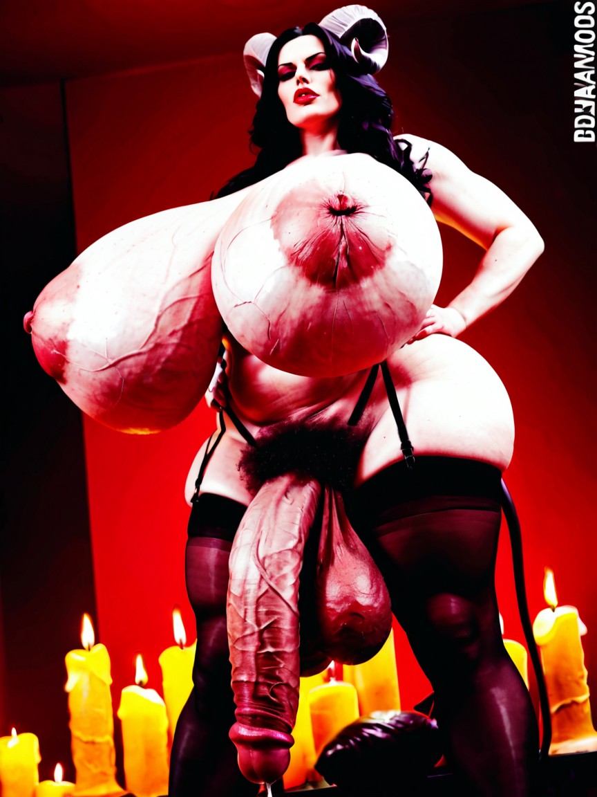Balls Are Visibly Heavy And Engorged, Front View, Veiny Breasts Shemale AI Porn