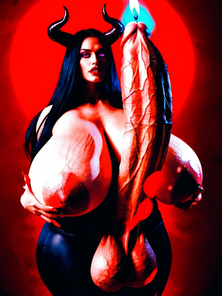 Impossibly Thick Swollen Cock, Impossibly Colossal Saggy Breasts, Pursed Lips Shemale AI Porn