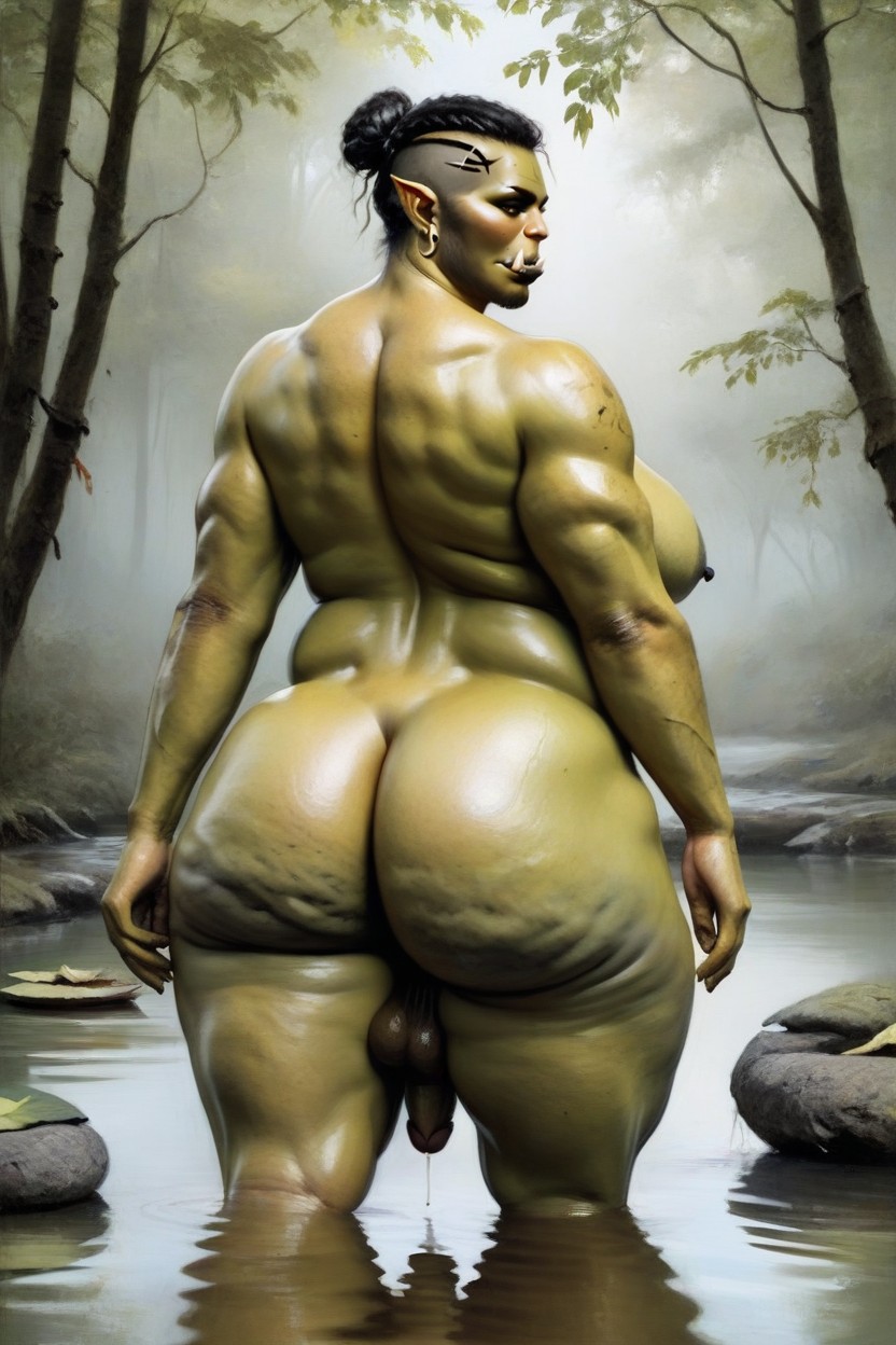 Green Skin, Giant Saggy Breasts, Waist Shot Shemale AI Porn
