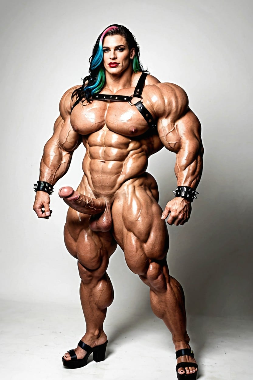 Spiked Cockring, Gigantic Muscular Quads, Oiled Skin Shemale AI Porn