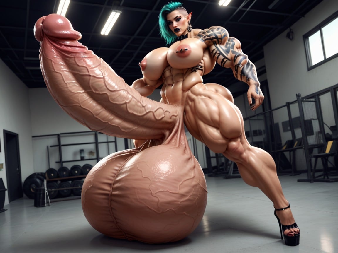 Extremely Beautiful Face, Full Body Tattoos, Gigantic Hyper Muscles Shemale AI Porn
