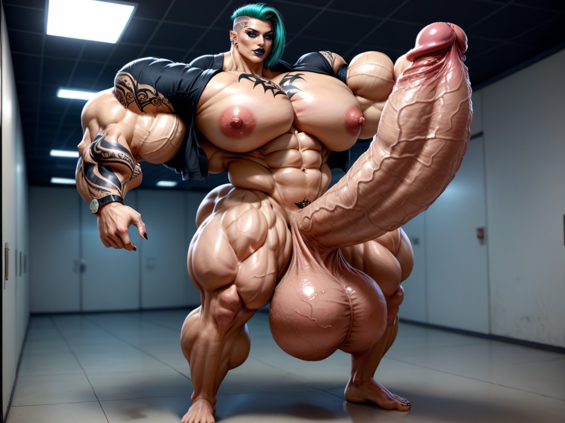 Absurdly Big Muscles, Erection Above Her Own Head, Covered In Tattoos Shemale AI Porn