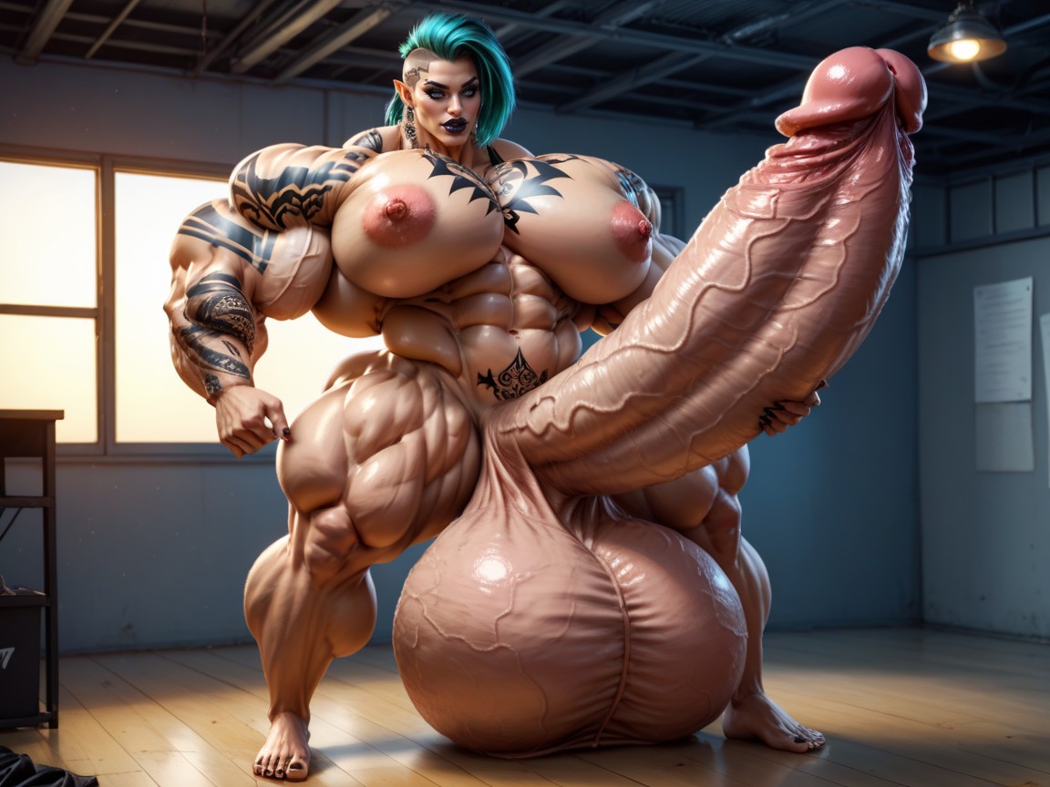 Gigantic Testicles, Giant Bulging Penis, Extremely Covered In Tattoos Porno IA transsexuelle