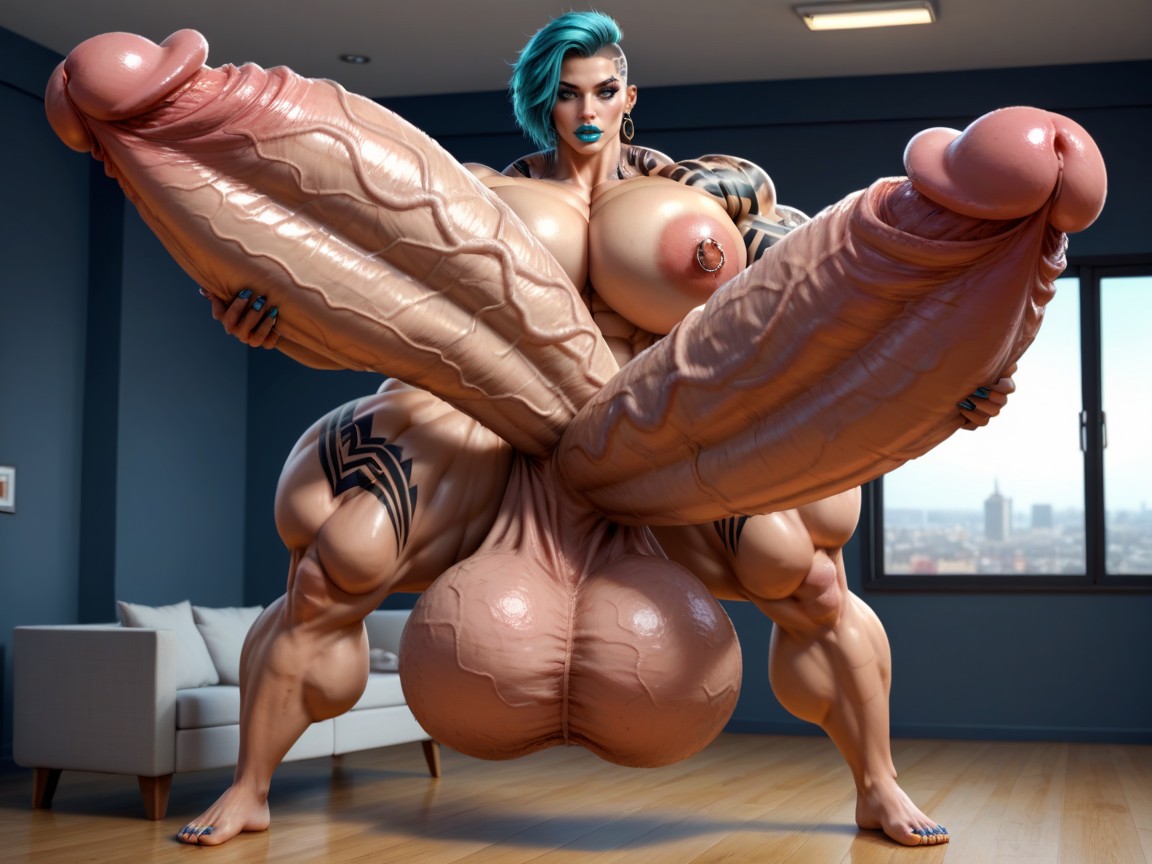 Giant Bulging Balls, Hdr, Hyper Super Sized Testicles Shemale AI Porn