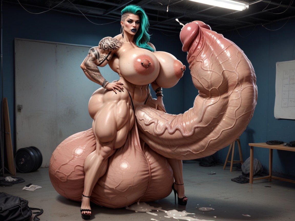 Full Body, Hyper Supersized Penis, Hyper Super Sized Testicles Shemale AI Porn