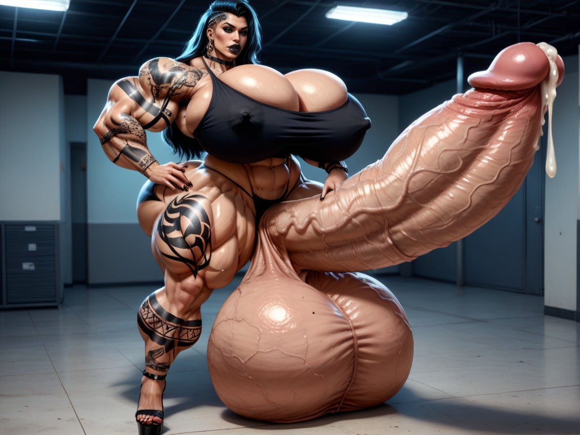 Wide Muscular Shoulders, Erection Above Her Own Head, Massive Thigh Muscles Shemale AI Porn
