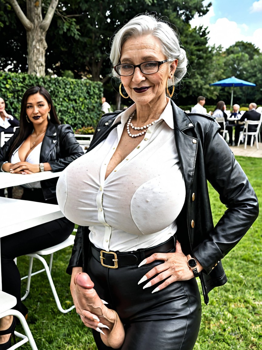 Grandma Ruthie, Long Black Leather Trench Jacket, Tenue De Secrétaire Porno IA transsexuelle