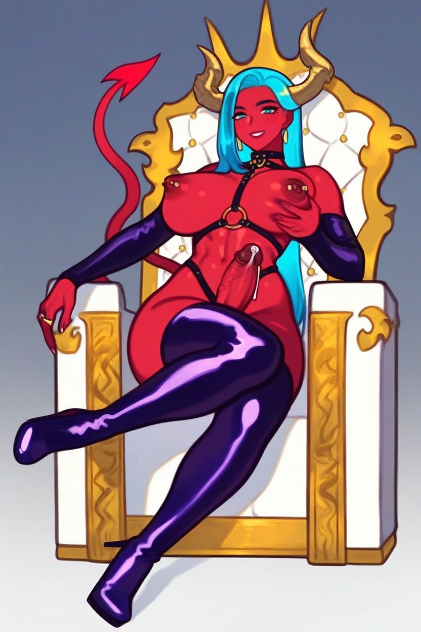 Big Golden Ring Earings, Large Exaggerated Male Anatomy Prominently Featured Nude Breast, Red Demon Tail 人妖AI黃片